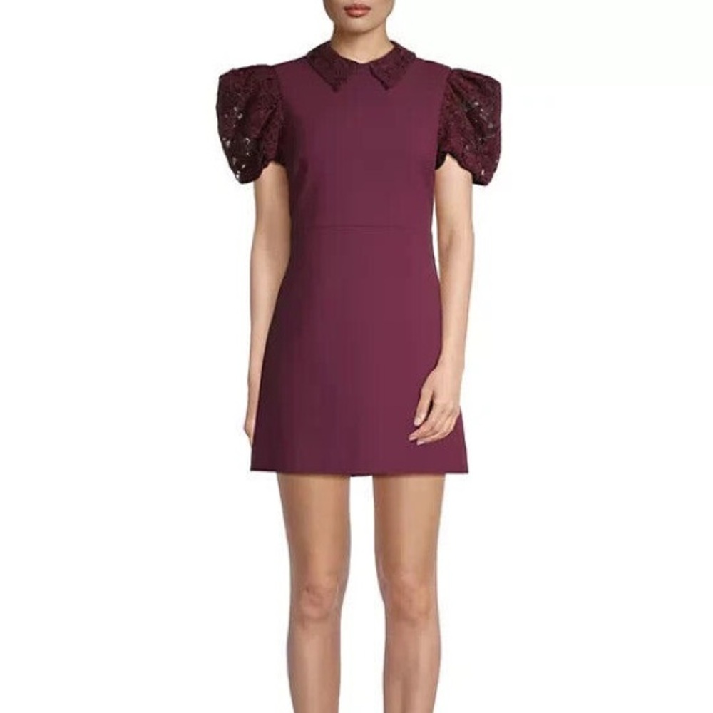 LIKELY BRAND WILLIAMS DRESS Elegant Burgundy Dress Lace Puff Sleeves Oxblood